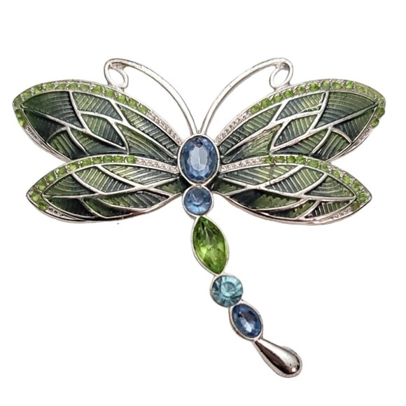 Napier Silver-Tone Green Blue Rhinestone Enamel Dragonfly Brooch Pin Signed E913 - Picture 1 of 9